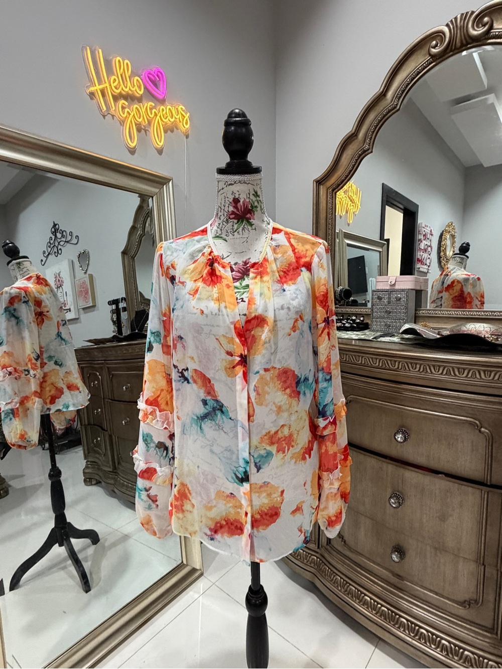 Women's Watercolor Floral Button-Front Blouse - White/Orange